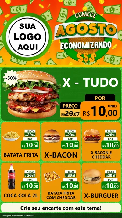 Modelo de Rede Social para Stories com o tema Comece Agosto Economizando para Hamburgueria