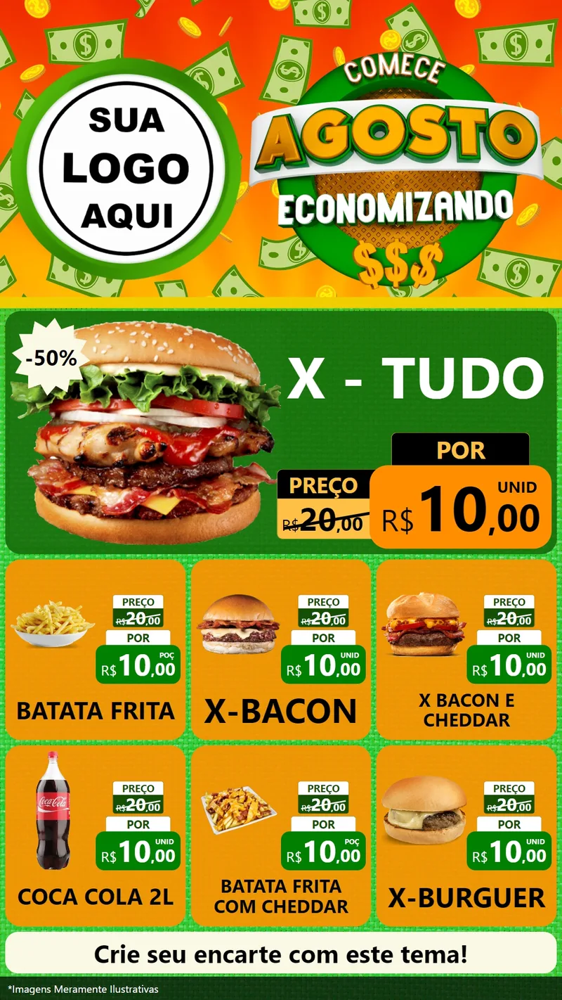 Modelo de Rede Social para Stories com o tema Comece Agosto Economizando para Hamburgueria