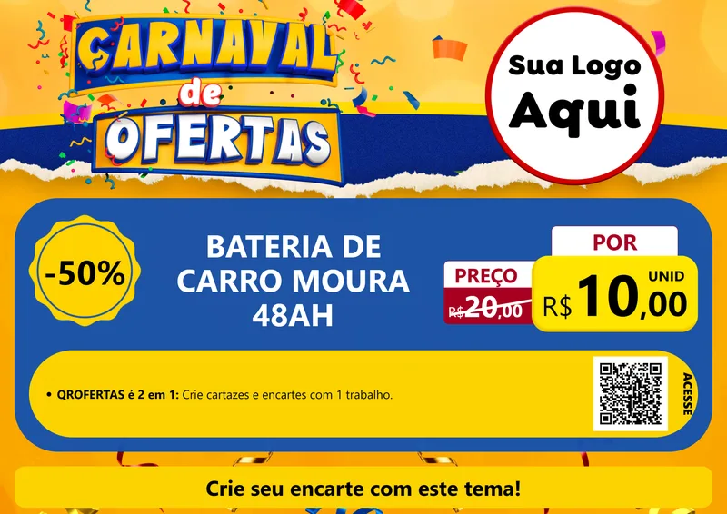 Modelo de Cartaz para Cartaz A4 Horizontal com o tema Carnaval de Ofertas para Baterias Elétricas