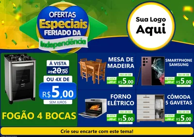 Modelo de Encarte para Encarte A4 Horizontal com o tema Ofertas Especiais Feriado da Independência para Móveis e Eletro