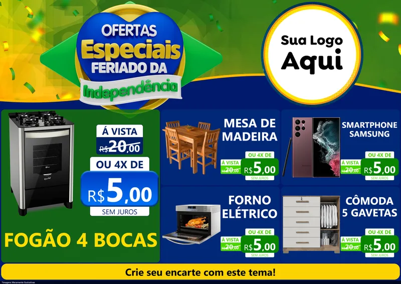 Modelo de Encarte para Encarte A4 Horizontal com o tema Ofertas Especiais Feriado da Independência para Móveis e Eletro