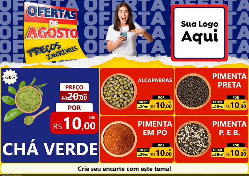 Modelo de Encarte para Encarte A4 Horizontal com o tema Ofertas de Agosto - Preços Incríveis para Produtos Naturais