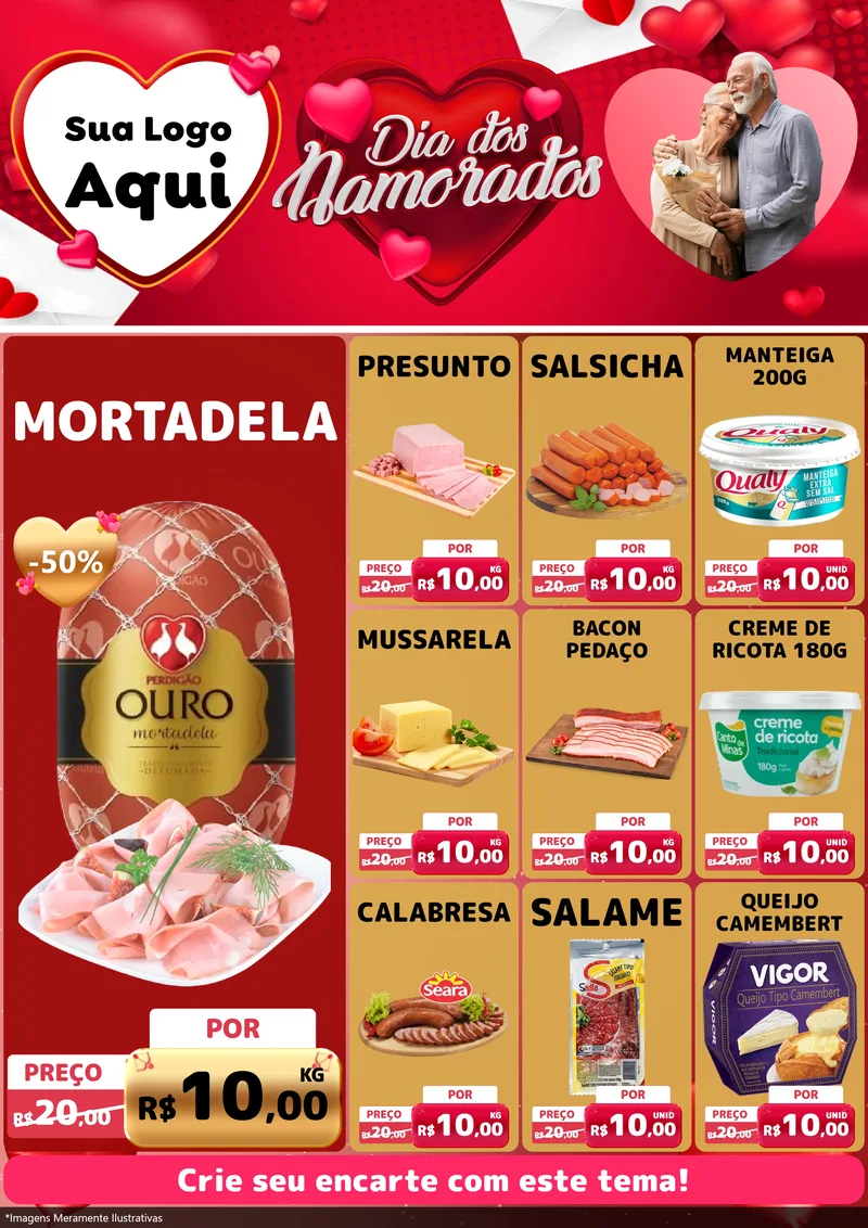 Modelo de Encarte para Encarte A4 Vertical com o tema Dia Dos Namorados para Frios e Laticínios