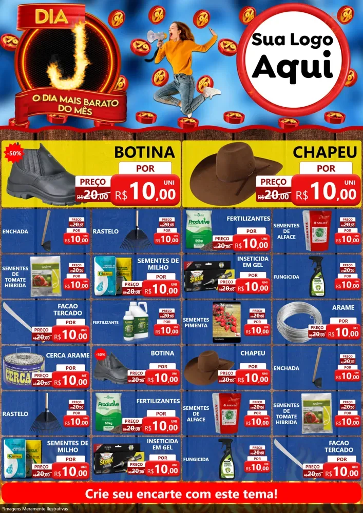 Modelo de Encarte para Encarte A4 Vertical com o tema Dia J - O Dia Mais Barato Do Mês para Agropecuária