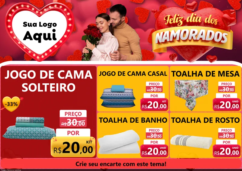Modelo de Encarte para Encarte A4 Horizontal com o tema Feliz Dia Dos Namorados para Cama, Mesa e Banho