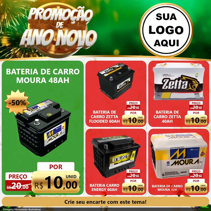 Modelo de Rede Social para Feed Facebook com o tema Promoção de Ano Novo para Baterias Elétricas