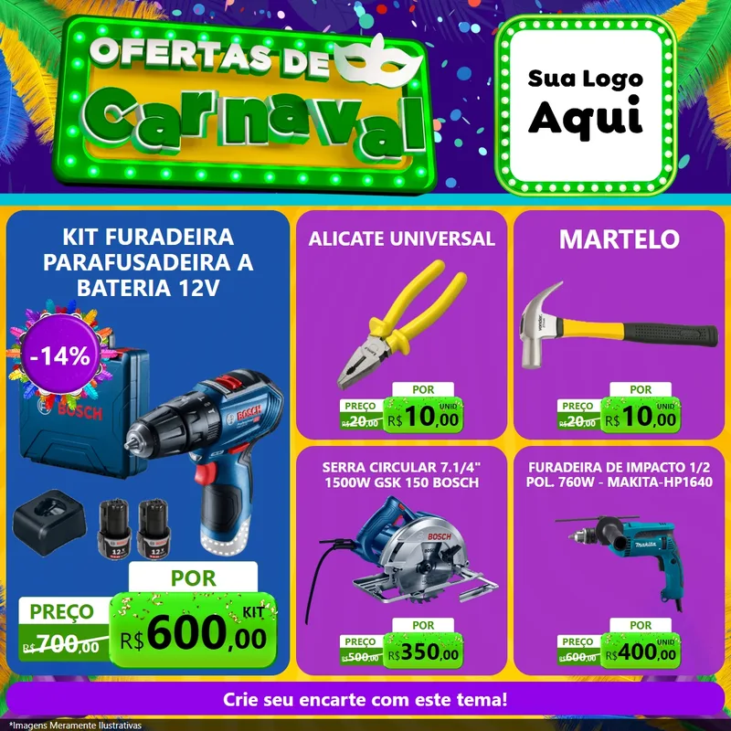 Modelo de Rede Social para Feed Facebook com o tema Ofertas de Carnaval para Maquinas e Ferramentas
