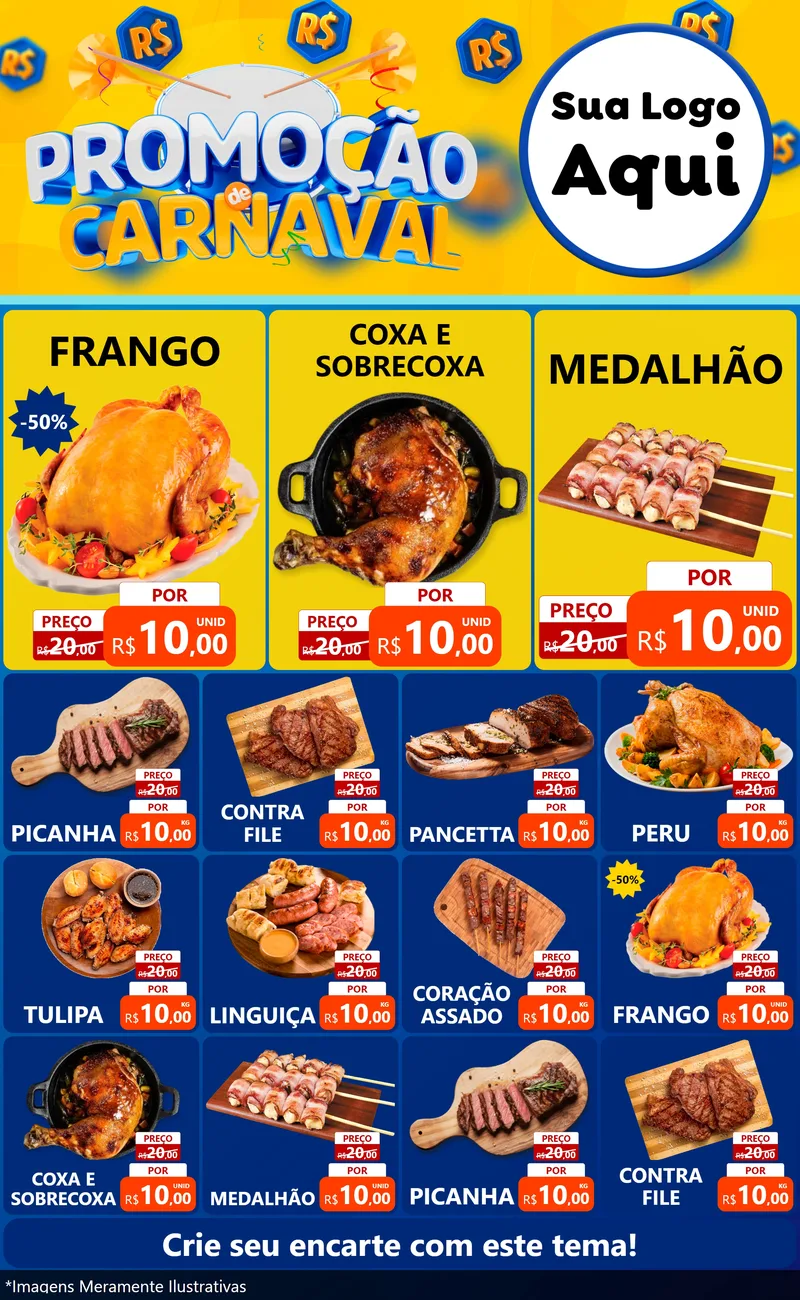 Modelo de Encarte para Encarte Grande com o tema Promoção de Carnaval para Assados