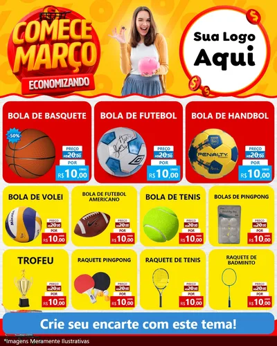 Modelo de Rede Social para Feed Instagram com o tema Comece Março Economizando para Artigos Esportivos