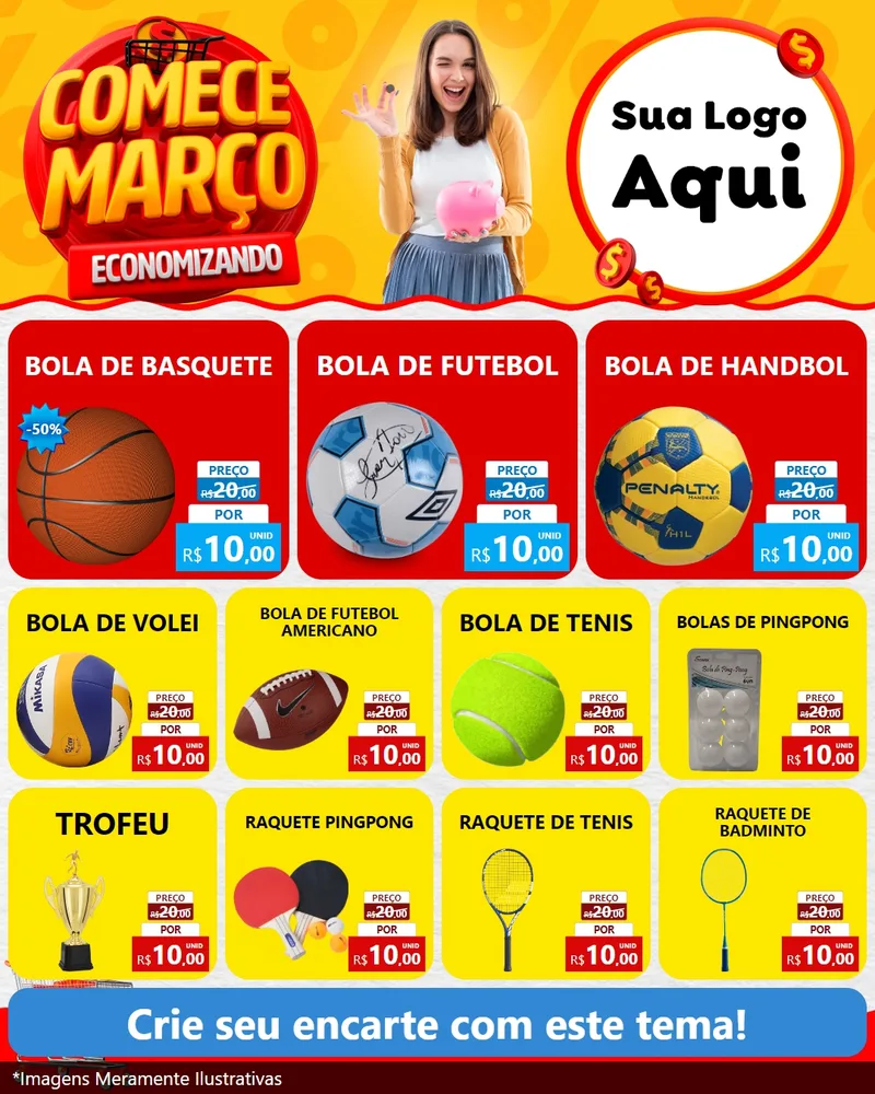 Modelo de Rede Social para Feed Instagram com o tema Comece Março Economizando para Artigos Esportivos
