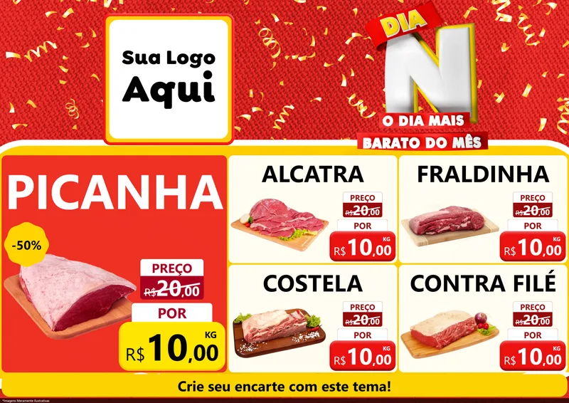 Modelo de Encarte para Encarte A4 Horizontal com o tema Dia N o Dia Mais Barato do Mês para Açougue