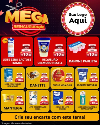 Modelo de Rede Social para Feed Instagram com o tema Mega Reinauguração para Frios e Laticínios