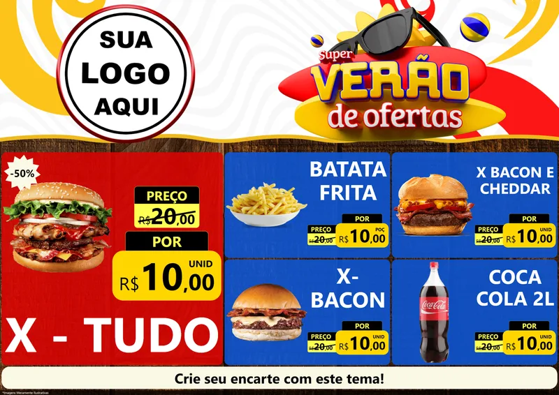 Modelo de Encarte para Encarte A4 Horizontal com o tema Super Verão de Ofertas para Hamburgueria