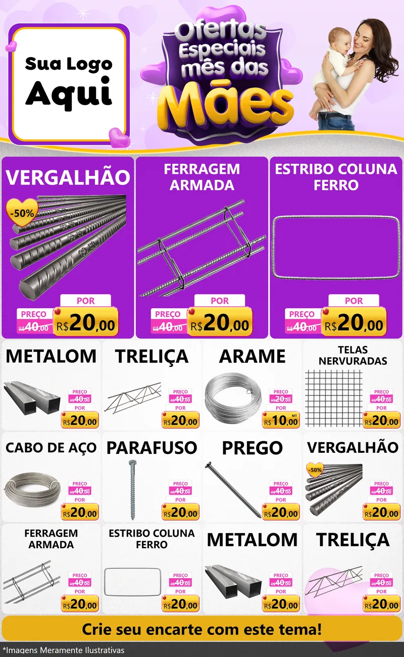 Modelo de Encarte para Encarte Grande com o tema Ofertas Especiais - Mês das Mães para Ferragens