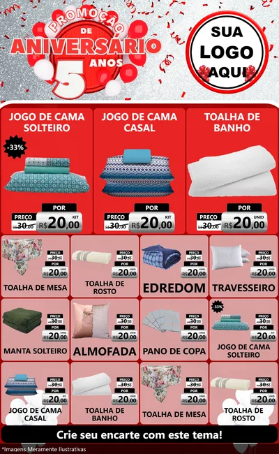 Modelo de Encarte para Encarte Grande com o tema Promoção de Aniversário - 5 Anos para Cama, Mesa e Banho