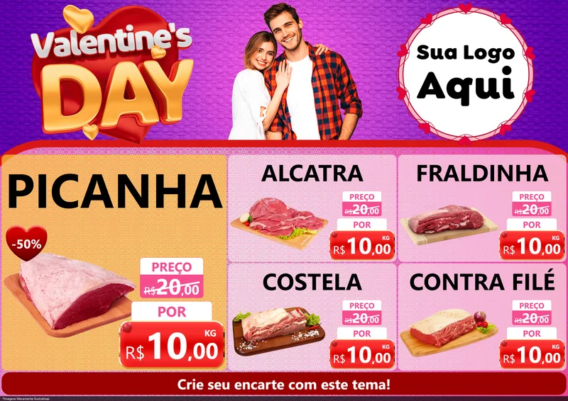 Modelo de Encarte para Encarte A4 Horizontal com o tema Valentine's Day para Açougue