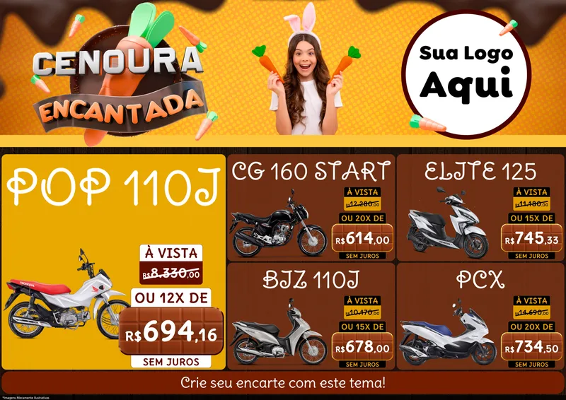 Modelo de Encarte para Encarte A4 Horizontal com o tema Cenoura Encantada - Páscoa para Concessionaria de Motos
