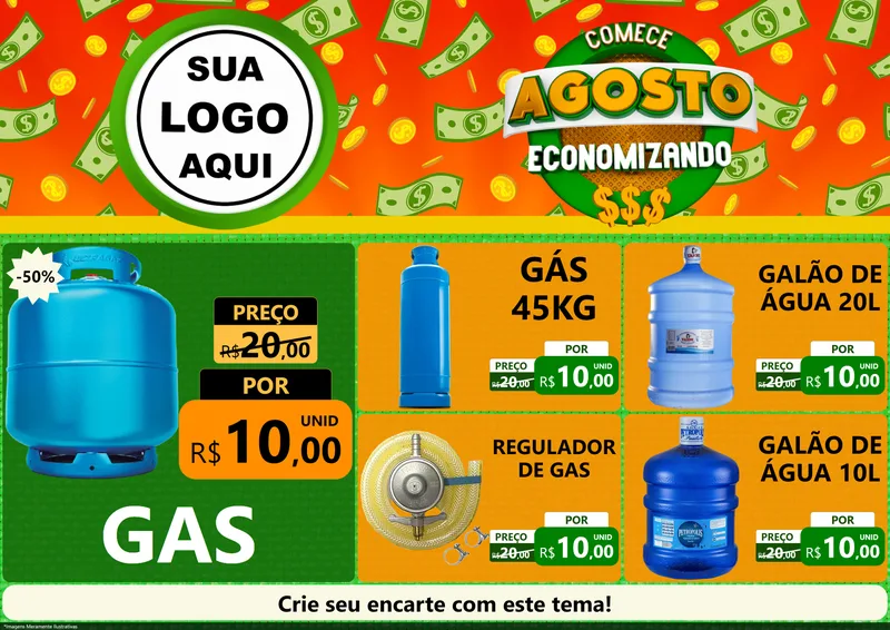 Modelo de Encarte para Encarte A4 Horizontal com o tema Comece Agosto Economizando para Água e gás