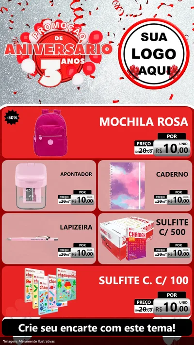Modelo de TV para TV Vertical com o tema Promoção de Aniversário - 3 Anos para Papelaria