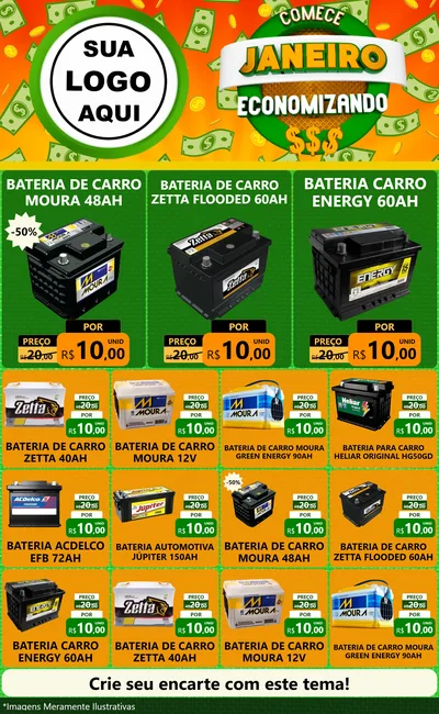 Modelo de Encarte para Encarte Grande com o tema Comece Janeiro Economizando para Baterias Elétricas