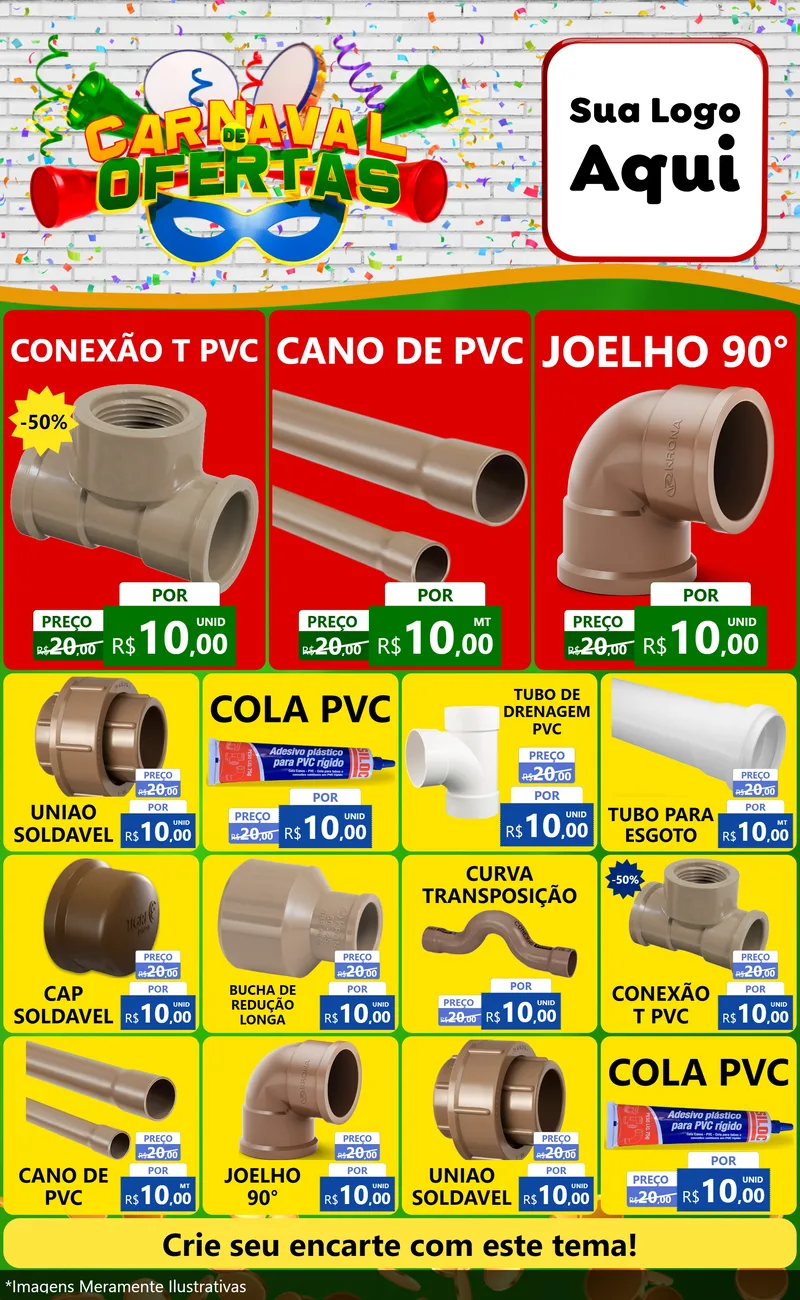 Modelo de Encarte para Encarte Grande com o tema Carnaval de Ofertas para Tubos e conexões