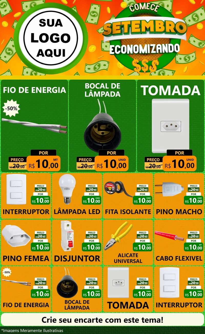 Modelo de Encarte para Encarte Grande com o tema Comece Setembro Economizando para Materiais Elétricos
