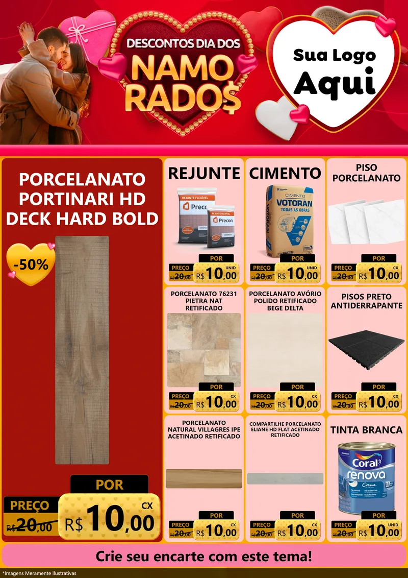 Modelo de Encarte para Encarte A4 Vertical com o tema Descontos Dia dos Namorados para Pisos e revestimentos