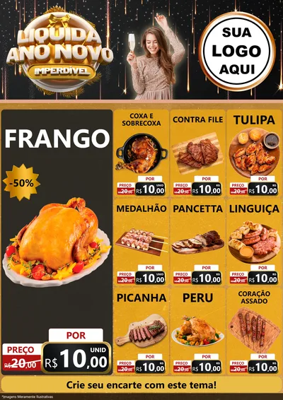 Modelo de Encarte para Encarte A4 Vertical com o tema Liquida Ano Novo Imperdível para Assados