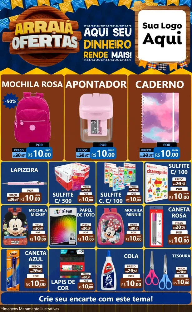 Modelo de Encarte para Encarte Grande com o tema Arraiá de Ofertas - Junina para Papelaria