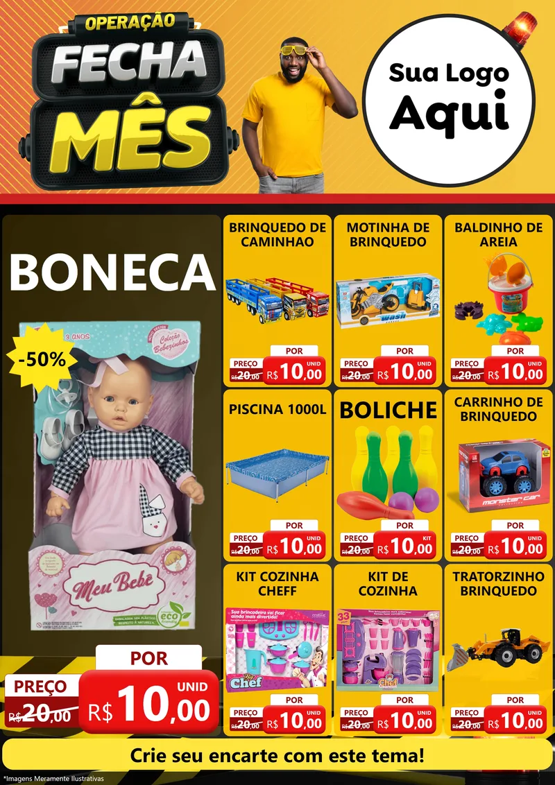 Modelo de Encarte para Encarte A4 Vertical com o tema Operação Fecha Mês para Brinquedos