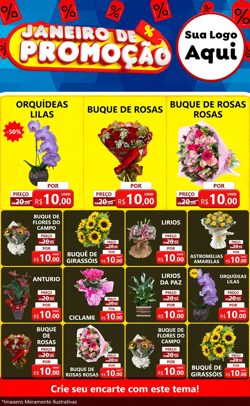 Modelo de Encarte para Encarte Grande com o tema Janeiro de Promoção para Floricultura e jardim