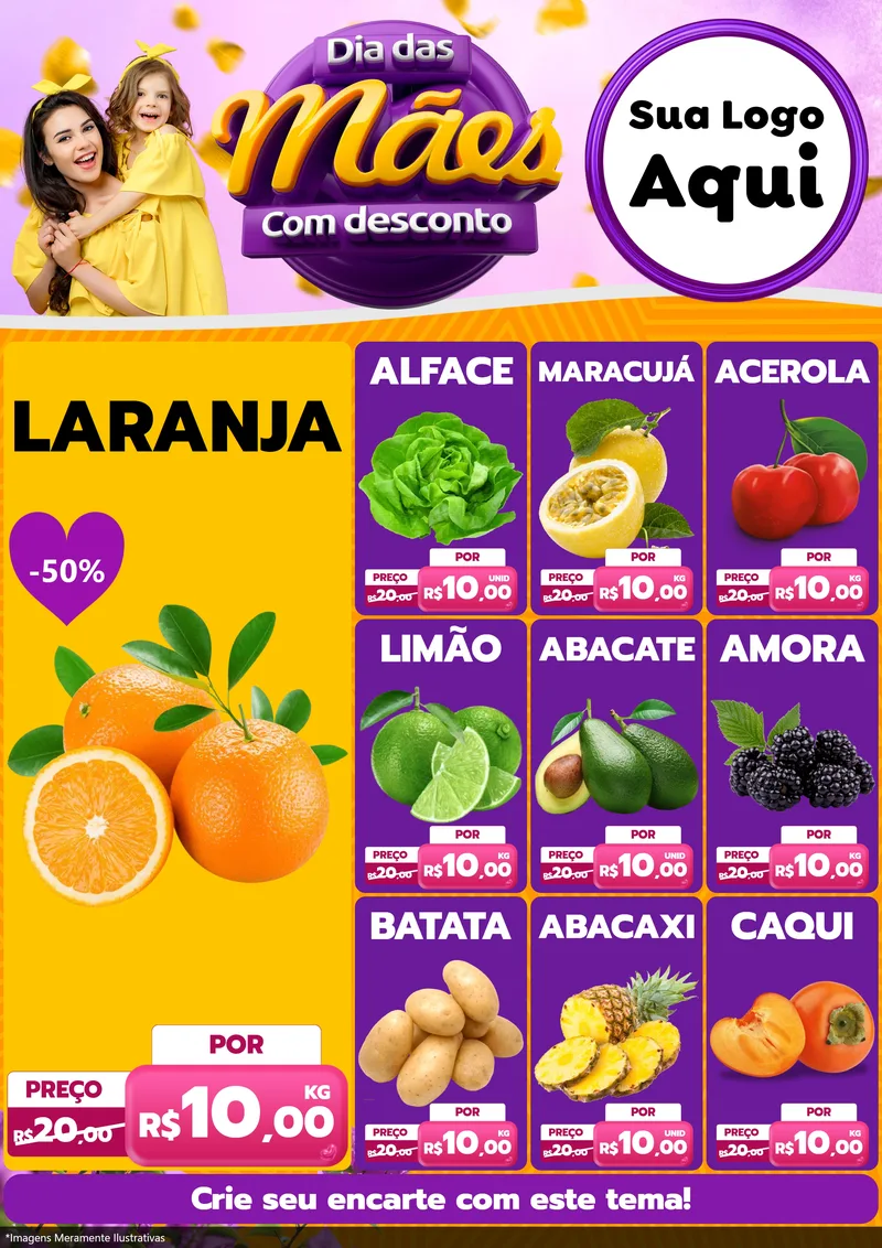 Modelo de Encarte para Encarte A4 Vertical com o tema Dia das Mães com Desconto para Hortifrúti