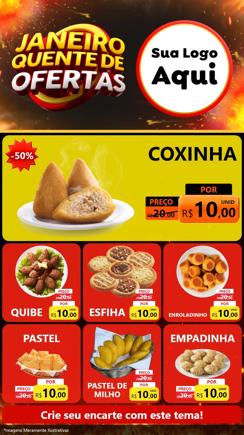 Modelo de Rede Social para Stories com o tema Janeiro Quente de Ofertas para Salgadaria