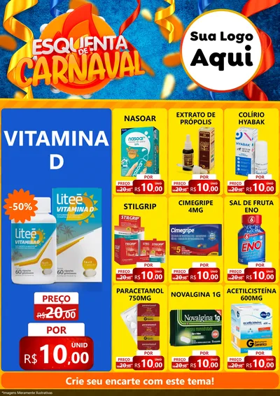 Modelo de Encarte para Encarte A4 Vertical com o tema Esquenta de Carnaval para Farmácia