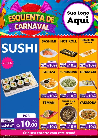 Modelo de Encarte para Encarte A4 Vertical com o tema Esquenta de Carnaval para Comida japonesa