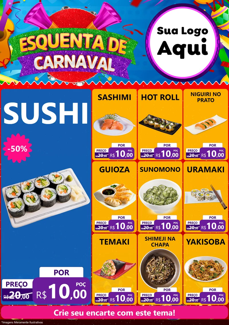 Modelo de Encarte para Encarte A4 Vertical com o tema Esquenta de Carnaval para Comida japonesa