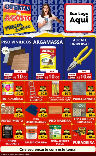 Modelo de Encarte para Encarte Grande com o tema Ofertas de Agosto - Preços Incríveis para Material para Construção