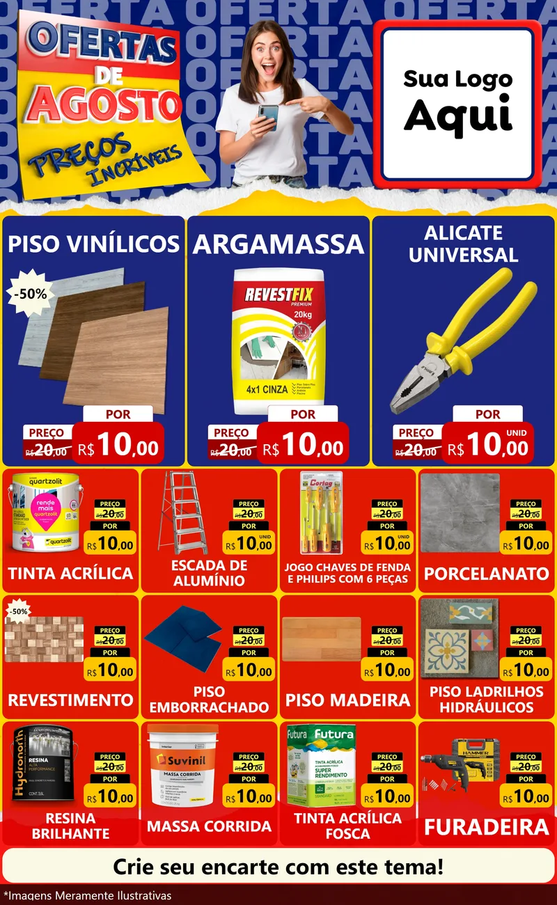Modelo de Encarte para Encarte Grande com o tema Ofertas de Agosto - Preços Incríveis para Material para Construção