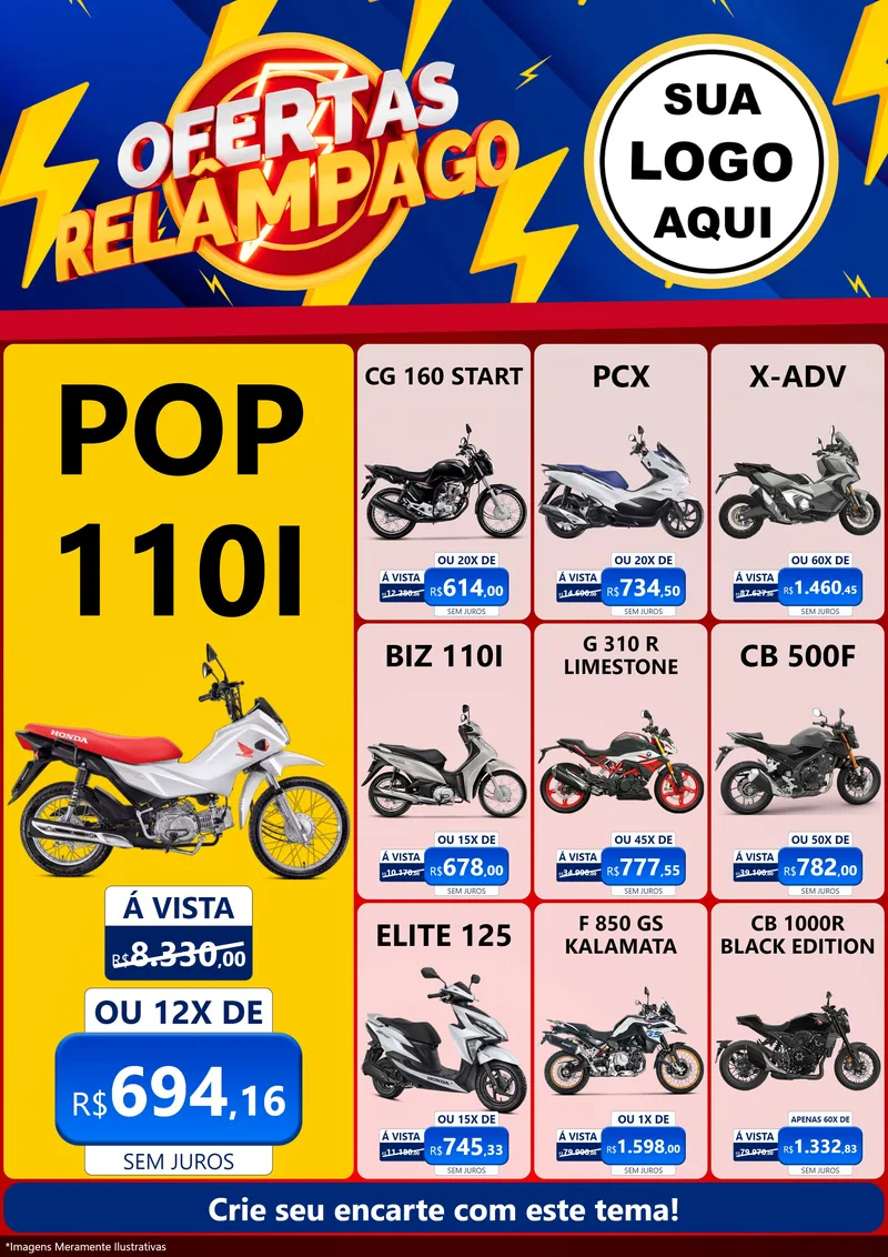 Modelo de Encarte para Encarte A4 Vertical com o tema Ofertas Relâmpago para Concessionaria de Motos