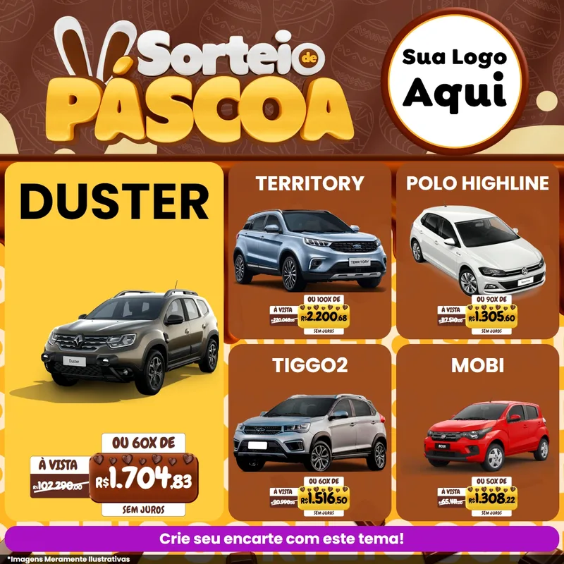 Modelo de Rede Social para Feed Facebook com o tema Sorteio de Páscoa para Concessionaria de Carros