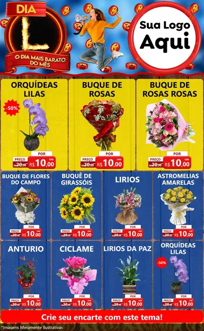 Modelo de Encarte para Encarte Grande com o tema Dia L - O Dia Mais Barato Do Mês para Floricultura e jardim