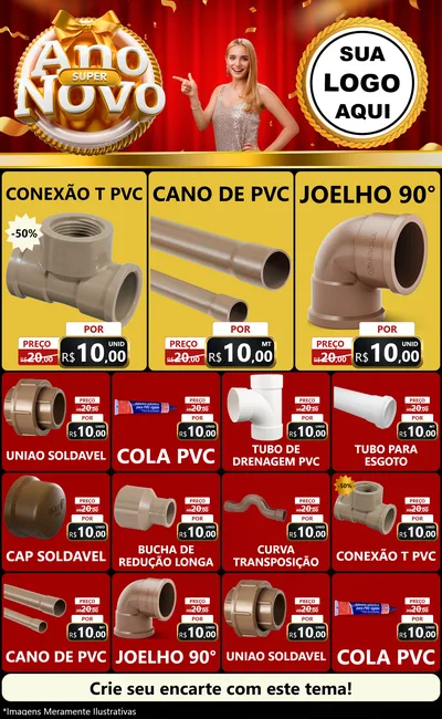 Modelo de Encarte para Encarte Grande com o tema Super Ano Novo para Tubos e conexões