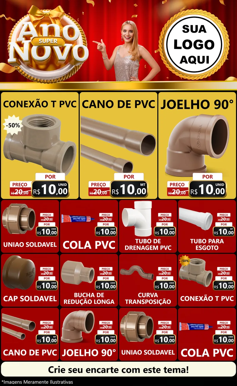 Modelo de Encarte para Encarte Grande com o tema Super Ano Novo para Tubos e conexões