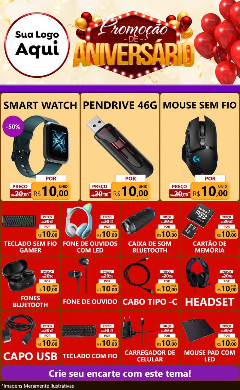 Modelo de Encarte para Encarte Grande com o tema Promoção de Aniversário para Informática