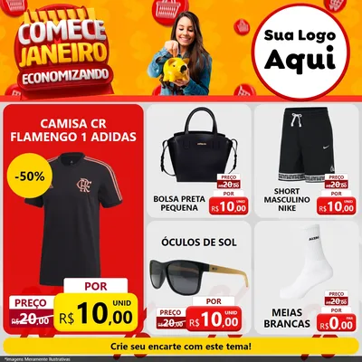 Modelo de Rede Social para Feed Facebook com o tema Comece Janeiro Economizando para Roupas e acessórios