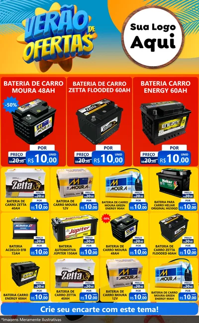 Modelo de Encarte para Encarte Grande com o tema Verão de Ofertas para Baterias Elétricas