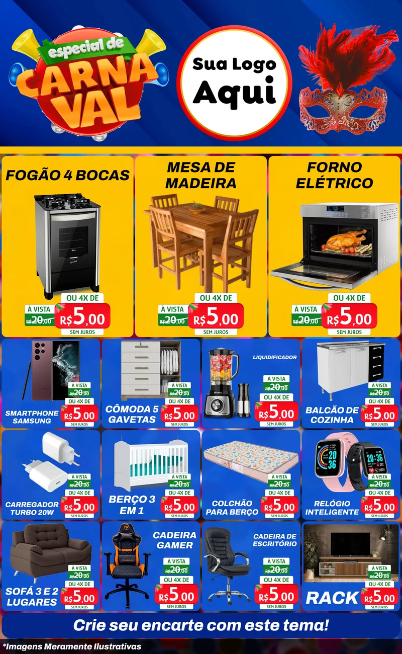 Modelo de Encarte para Encarte Grande com o tema Especial de Carnaval para Móveis e Eletro