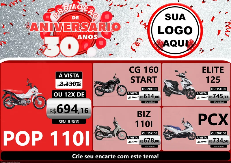 Modelo de Encarte para Encarte A4 Horizontal com o tema Promoção de Aniversário - 30 Anos para Concessionaria de Motos