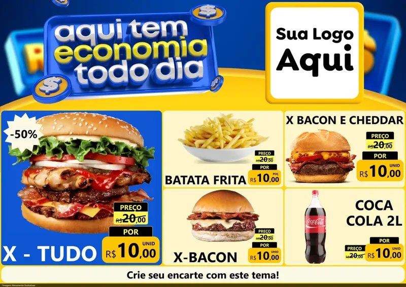 Modelo de Encarte para Encarte A4 Horizontal com o tema Aqui Tem Economia Todo Dia para Hamburgueria