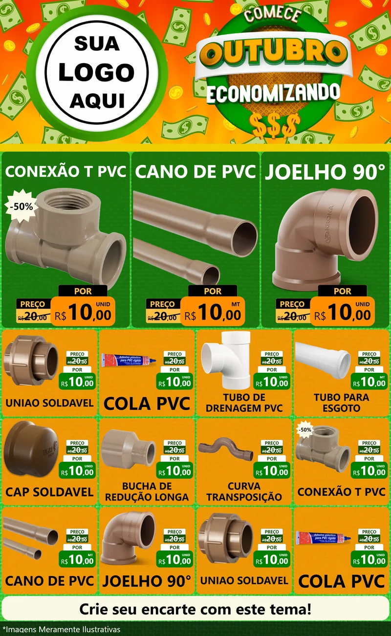 Modelo de Encarte para Encarte Grande com o tema Comece Outubro Economizando para Tubos e conexões